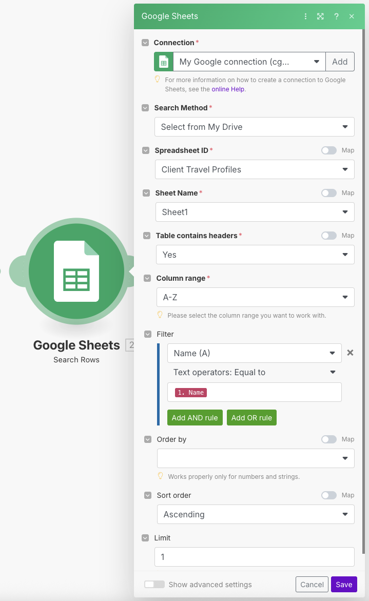 Google Sheets Configuration Screenshot